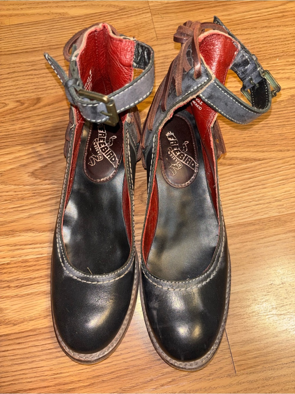 Freebird by Steven Black Leather Ankle Strap Mules with Red Lining